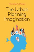Boekomslag 'The Urban Planning Imagination' met een blauw profiel van een hoofd, versierd met tandwielen en een stad. Achtergrond oranje.