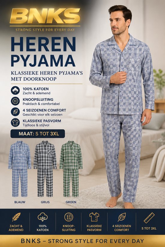 Heren pyjaHeren Pyjama – Klassieke Doorknoop Pyjama – 100% Katoen – 4 Seizoenen – Blauw/Grijs/Groen – Maat S t/m 3XL