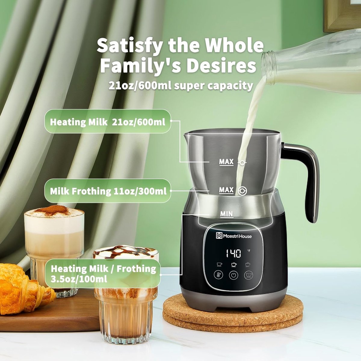 Elektrische Melkopschuimer 600 ml - Automatische Melkopschuimer met Instelbare Temperatuur en Schuimsterkte - Smart Touch voor Latte, Cappuccino en Chocolademelk — cadeau in Kookcadeaus - foto 7
