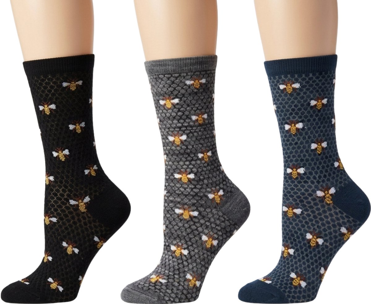 Honeycomb & Bee Bamboo Crew Dames crew sokken - 3 Paar- Asphalt / Black / Legion Blue - Maat 9-11