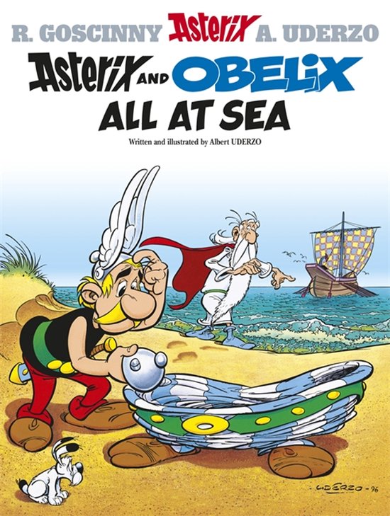 Boekomslag van Asterix en Obelix "All at Sea". Asterix, Obelix en hond Idifix staan op een zandstrand, met een boot op zee.