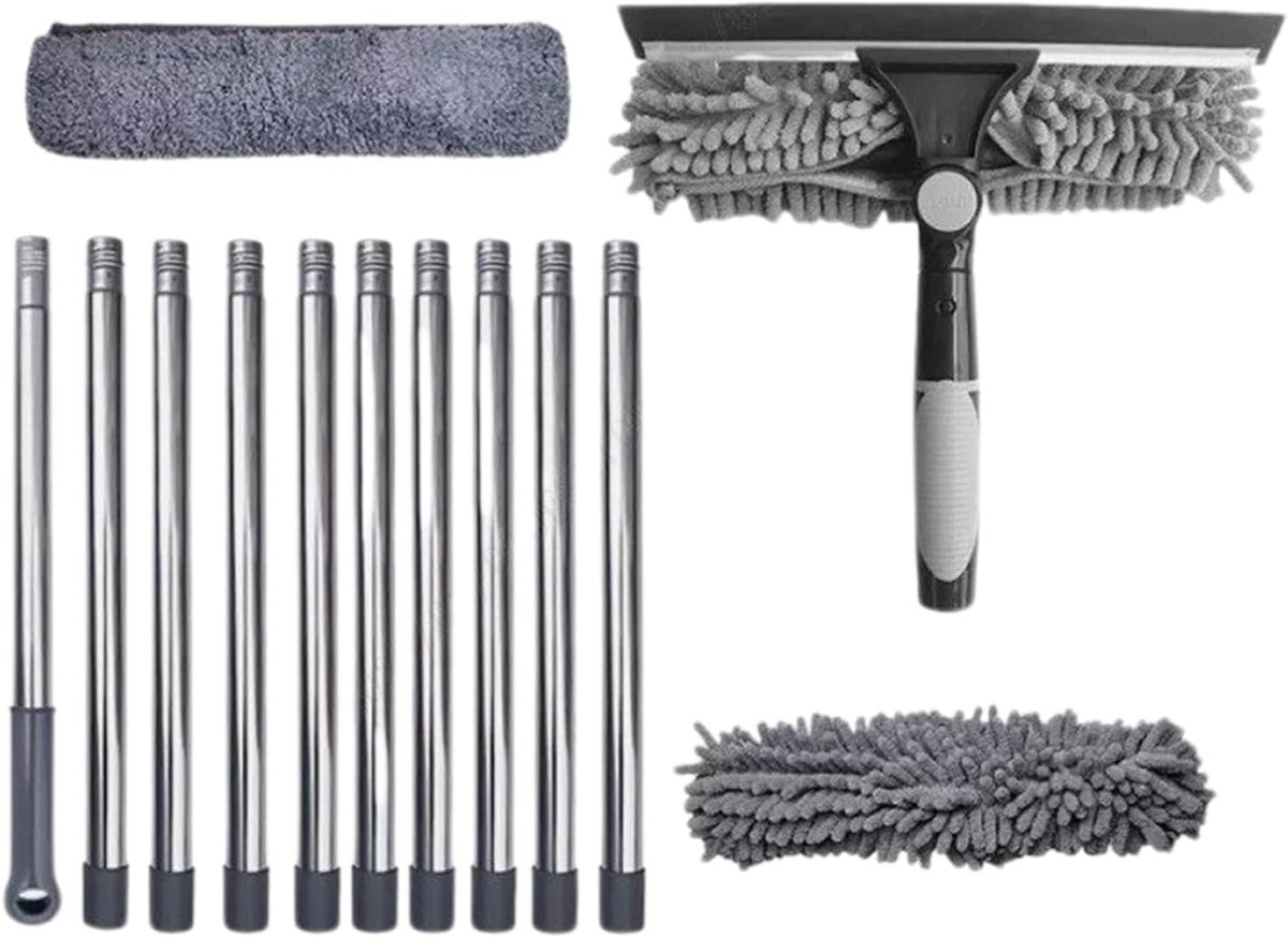 Raamwisser Set - Ramenwasser Ruitenreiniger - Glas Oppervlakken Reinigen - Verstelbare Telescoopsteel - 10 Stuks Stangen - Grijs