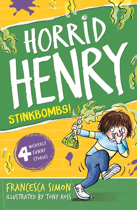 Boek 'Horrid Henry Stinkbombs' met een illustratie van Henry die een stinkbom vasthoudt.