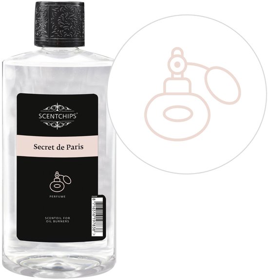 Fles "Scentchips" geurolie "Secret de Paris" met zwarte dop en een illustratie van een verstuiver.