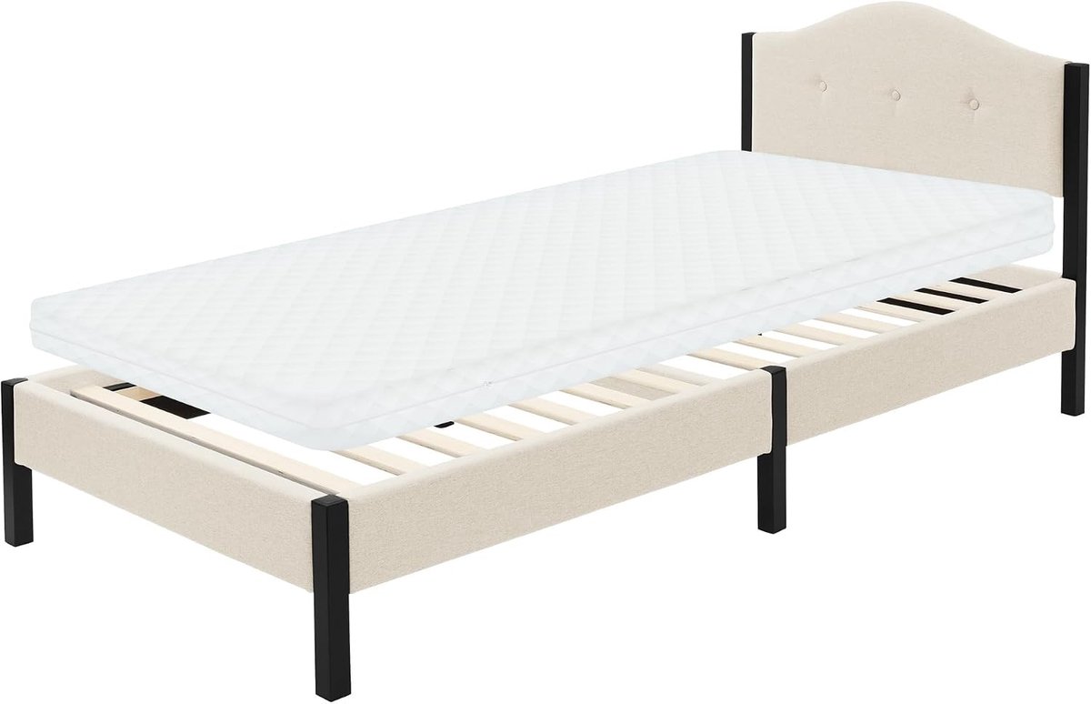 Gestoffeerd Bed met Matras - Eenpersoonsbed Slaapbank - Comfortabel Slapen - Stabiel Stalen Frame - 90x200 cm - Beige