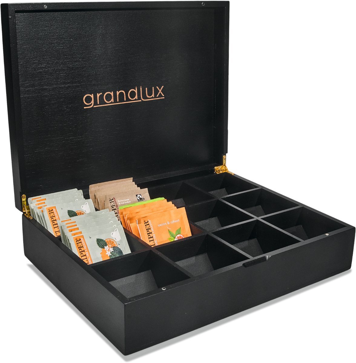 GrandLux Theedoos 12 Vaks - Zwart - Voor Clipper, Pukka, Twinings