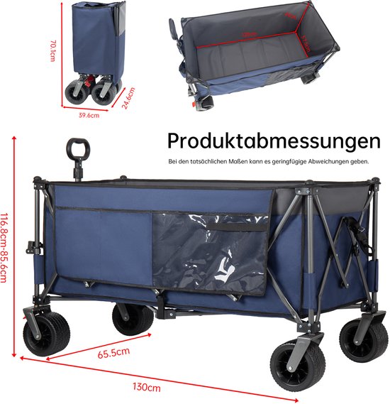 XXXL-opvouwbare bolderkar 300L 250kg belastbaar, 130cm uitgebreide opvouwbare bolderkar met extra brede 17x10 cm all-terrainwielen handwagen, gepatenteerd 4-richtingen direct opbouwsysteem transportwagen, Blauw — afbeelding 4