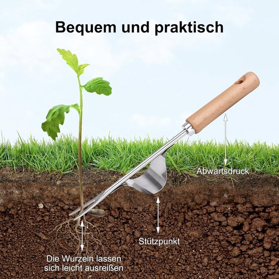 Onkruidsteker - RVS Onkruid - Onkruidverwijderaar - Onkruidtrekker - 31 cm - Wortelwiedmachine met houten handvat - Onkruidsteker Tuin - Voor wieden en losmaken - Cadeau voor elke tuinliefhebber — afbeelding 4