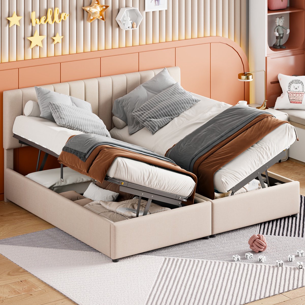 MEUNIQ gestoffeerd bed 180x200 cm met hydraulische opbergruimte, verstelbaar hoofdbord en lattenbodem, om te bouwen tot 2 bedden, beige slaapkamer