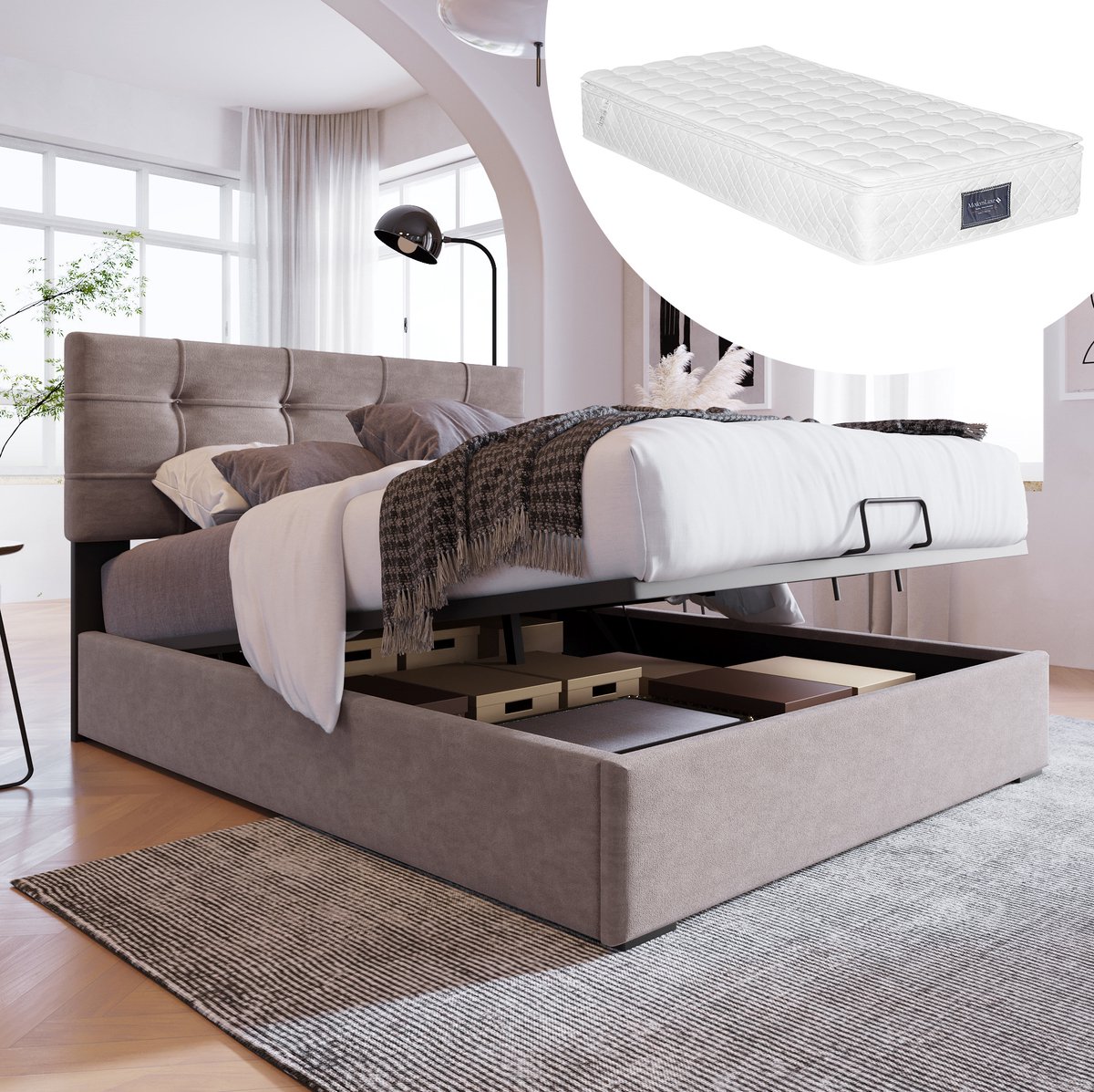 MEUNIQ eenpersoons gestoffeerd bed 90x200 cm met verstelbaar hoofdbord, hydraulische opbergruimte, metalen lattenbodem en fluwelen bekleding voor slaapkamer lichtgrijs