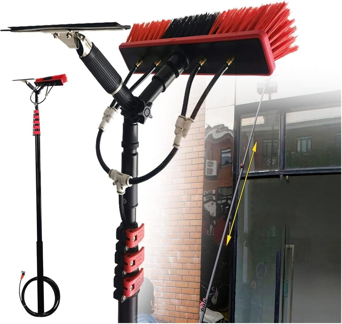Telescopische Ramenborstel - Uitschuifbare Schoonmaakstok - Hoge Ramen Wassen - Watertoevoer Systeem - 35 cm Borstelkop - Zilver