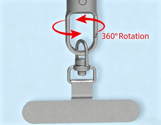 Zilverkleurige telefoonkabelclip met 360° rotatie-indicator.