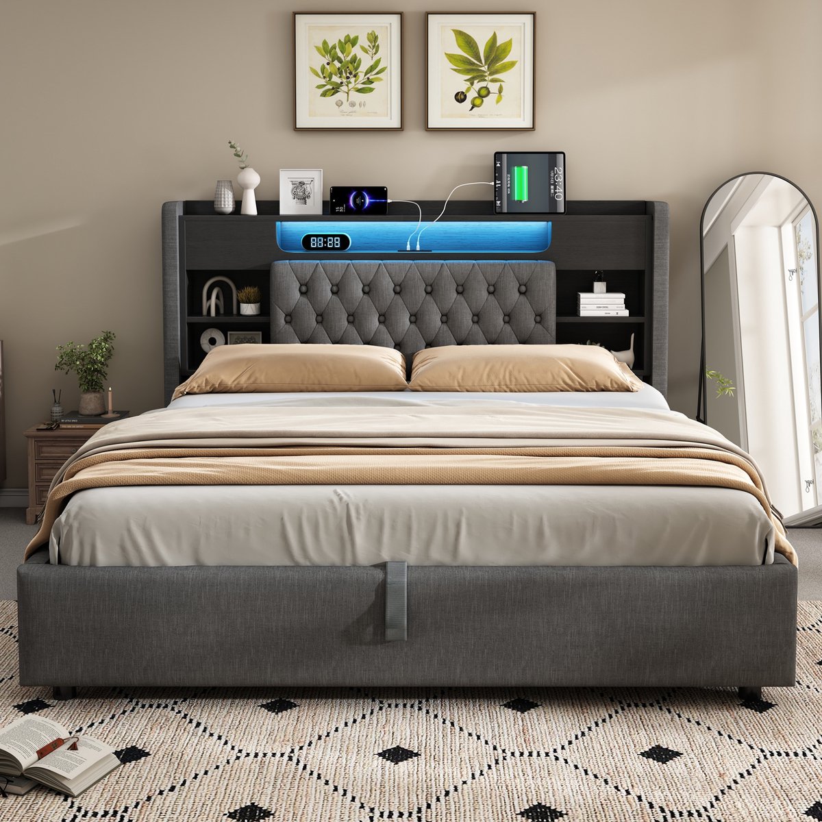 MEUNIQ gestoffeerd bedframe 140x200 cm met hydraulische opbergruimte, LED-verlichting, USB en USB-C, hoofdbord met plank, lattenbodem, tweepersoons slaapkamer, grijs