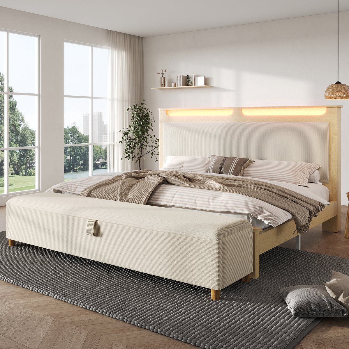 MEUNIQ tweepersoons bed 160x200 cm met matras, opberghoofdbord, LED-verlichting en bedbank met opbergruimte, normaal bed voor slaapkamer, beige en eiken Eichefarben