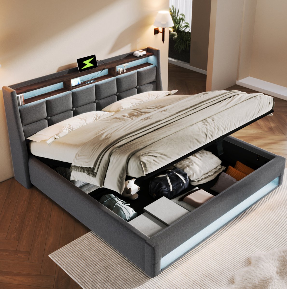 MEUNIQ gestoffeerd tweepersoons bed 140x200 cm met LED, 2 USB-poorten, opklapbare lattenbodem en opbergruimte, stoffen bedframe voor slaapkamer, grijs