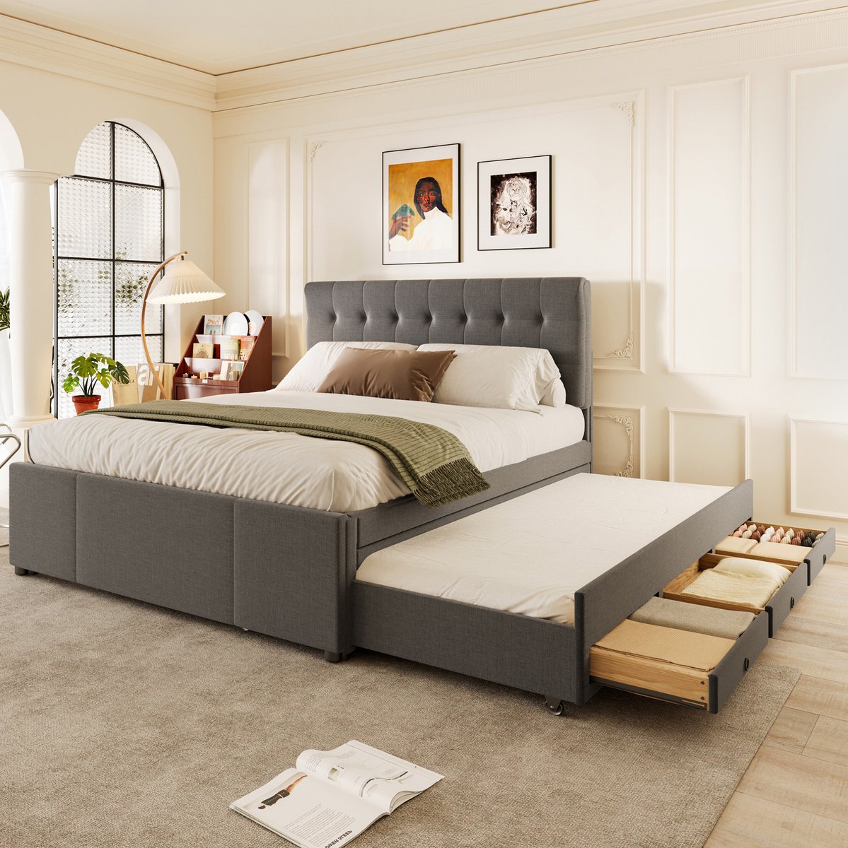 MEUNIQ gestoffeerd bed 140x200 cm met uitschuifbaar bed, 3 lades en verstelbaar hoofdeinde, tweepersoons bedframe voor slaapkamer, grijs