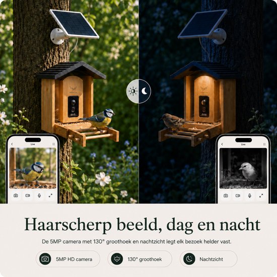 Vogelhuisje met camera overdag met blauwe mees, en 's nachts met nachtzicht. Telefoon toont vogels van dag en nacht.