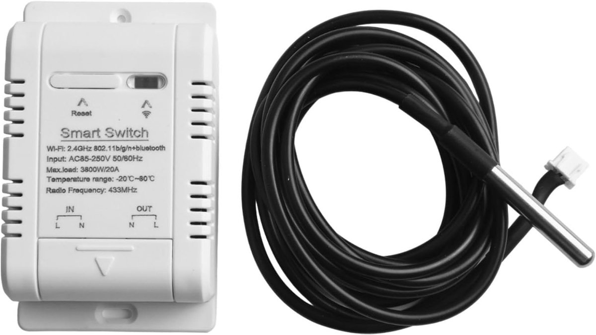 Slimme Temperatuurschakelaar - Thermostaat Sensor - Energie Besparen - App Bediening - 20A 2M Draad - Wit