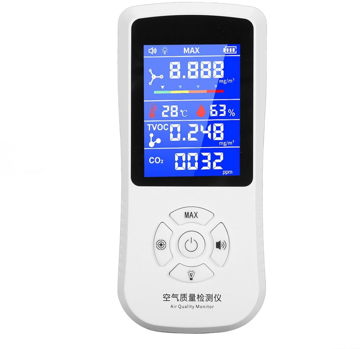 Luchtkwaliteitsmonitor - CO2-meter - Binnenlucht Meten - Multigasdetectie - 2.8 inch LCD - Wit