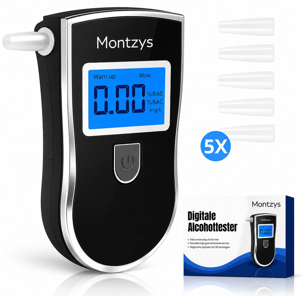 Montzys® Digitale Alcoholtester - Alcoholtesters - Alcohol Tester met LCD Scherm - Blaastest & Alcoholmeter - Geschikt voor o.a. Nederland, Frankrijk en België