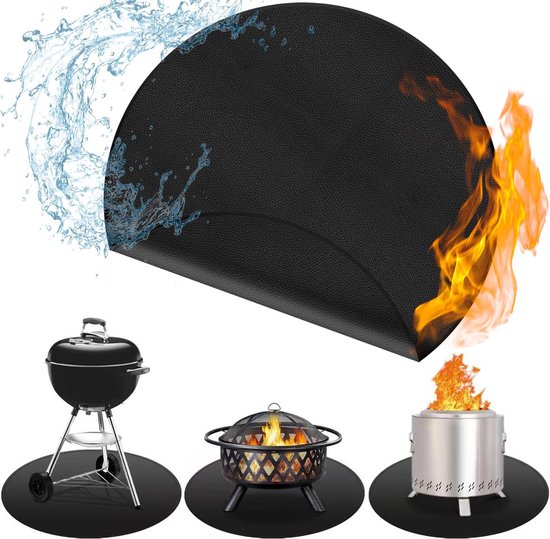 Zwarte ronde mat, beschermd tegen water links en vuur rechts, met barbecue, vuurkorf en ronde vuurkorf.