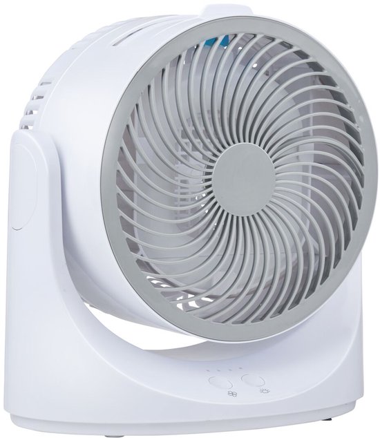 Witte tafelventilator met grijze bladen en grijze ring. Knopje aan de bovenkant. Indicatielampjes op de voet.