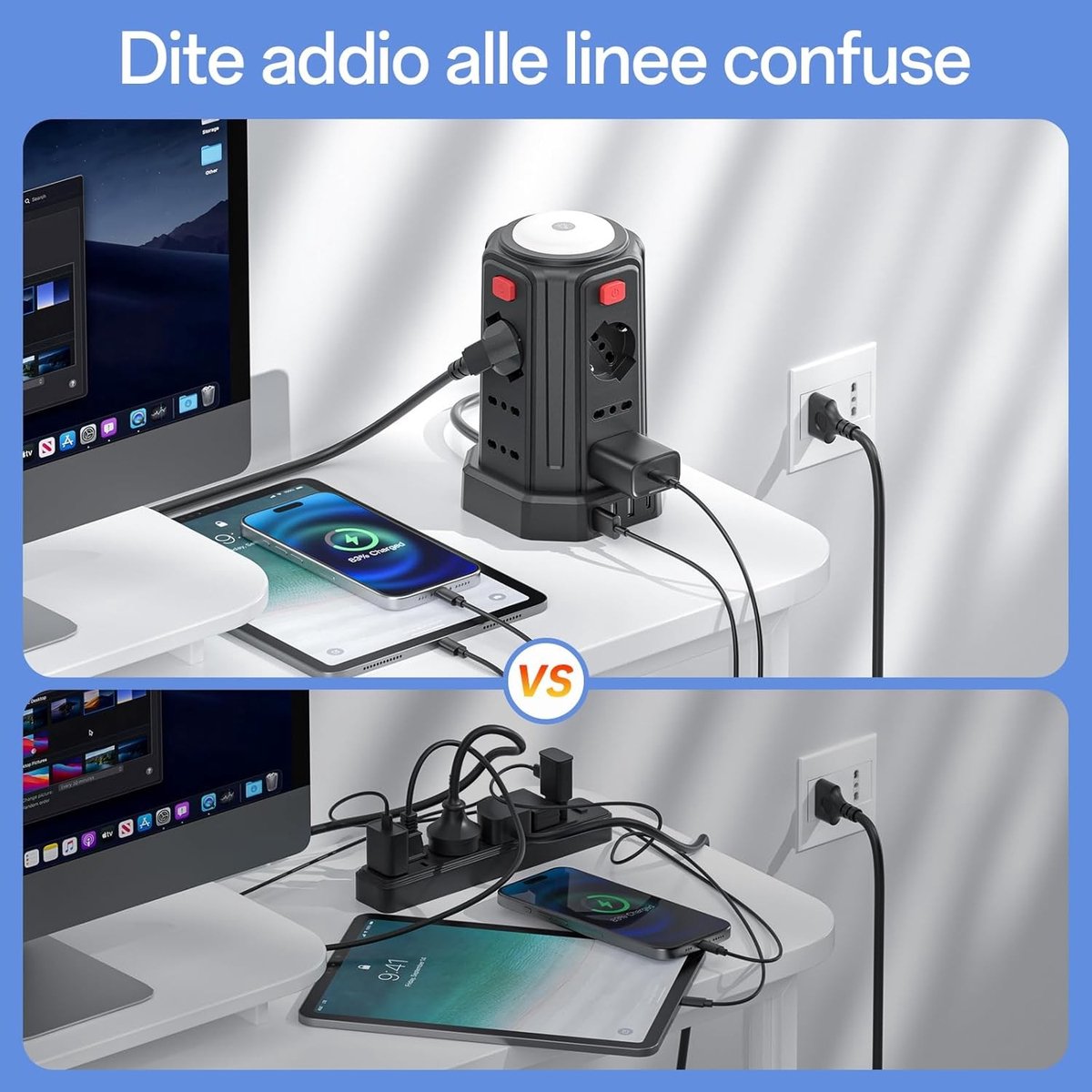 Stekkerdoos met Nachtlampje - Vuurvast Materiaal - 12 Universele Stopcontacten - 4 USB Poorten - Voor Thuis en Kantoor