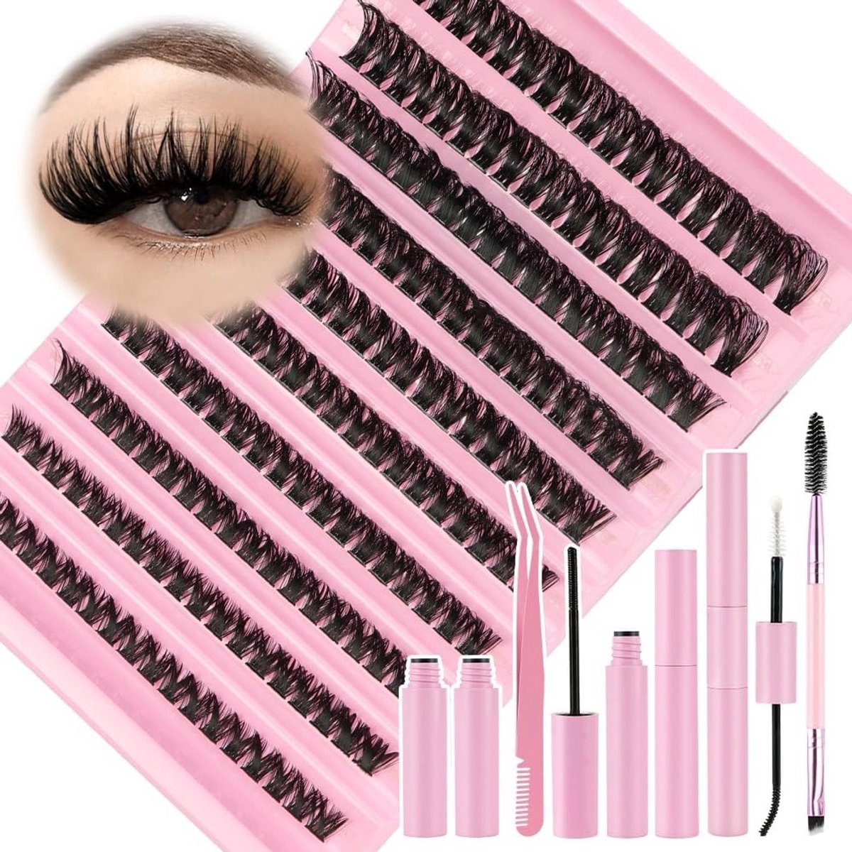 Complete Set voor Individuele Wimperclusters - 180 Stuks D Curl Wispy Wimpers, Natuurlijke DIY Wimperextensions met Lijm, Sealer en Pincet - 9-19mm