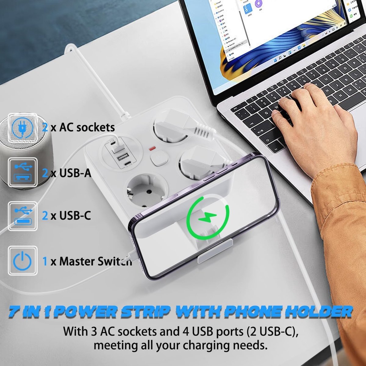 Meervoudig Stopcontact - Kunststof - 7-in-1 Met USB - 2 Meter Verlengkabel - Voor Thuis en Kantoor