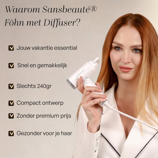Sansbeauté® Föhn met Diffuser - EssentiaPRO Mini - Reisföhn met Opzetstukken - Reishaardroger - 110.000RPM - Sèche Cheveux - Ionische Haardroger met Borstel - Haarföhn met Defuser - Blow Dryer - Kappersfohn - 1300W - 220-240V