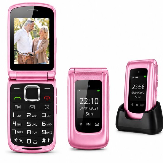 Roze klaptelefoon met beeld van een echtpaar, klaptelefoon gesloten, en telefoon in oplader. Datum en tijd op schermen.