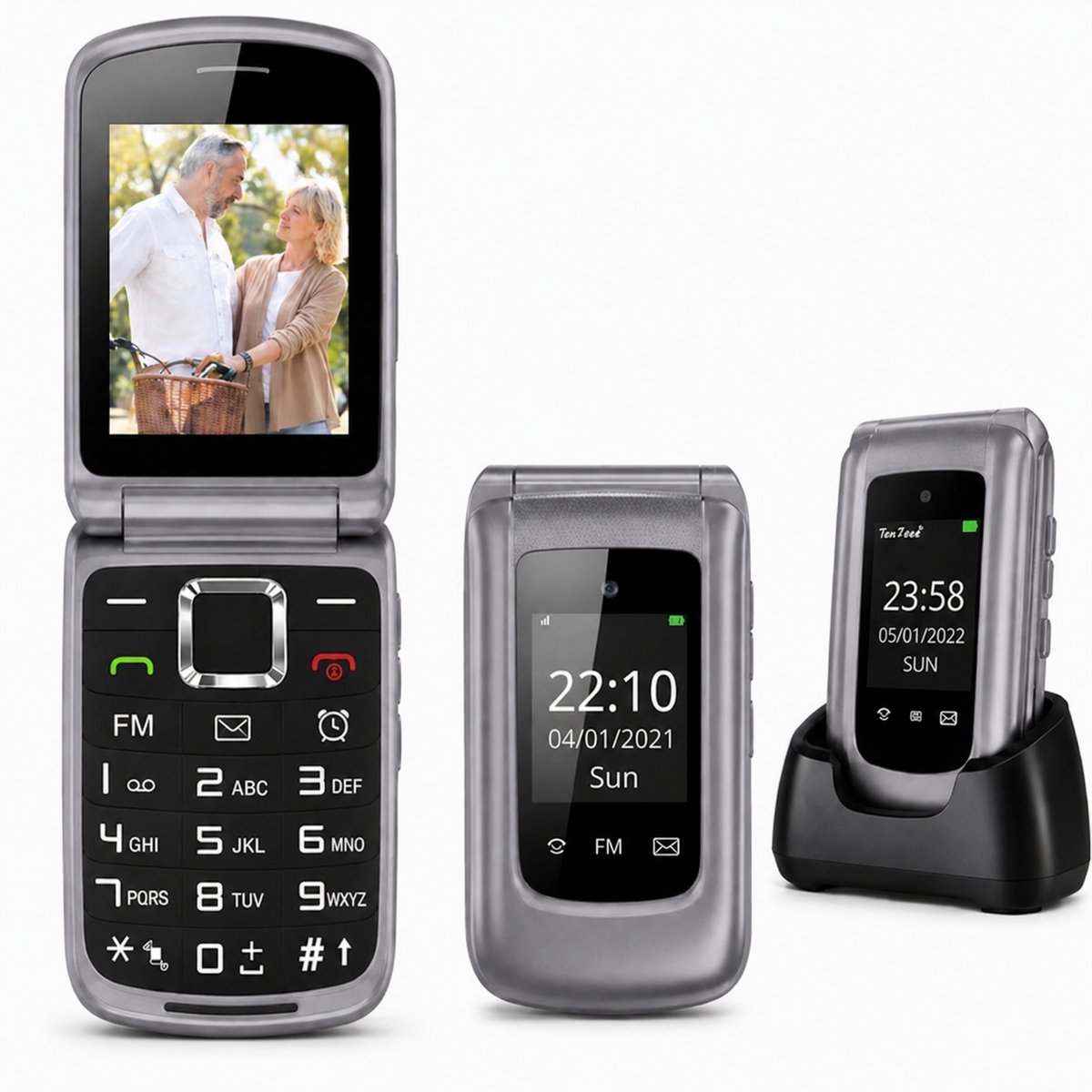 Yarvu ® - Flip 1 - Senioren Telefoon - 4G Grijs - GSM + Extra Accu Geleverd + Oplaadstation - Dual Sim - Dual Scherm - Big Button Mobiele Telefoon - Grote Toetsen & Cijfers - SOS Knop - Mobiel - Ouderen