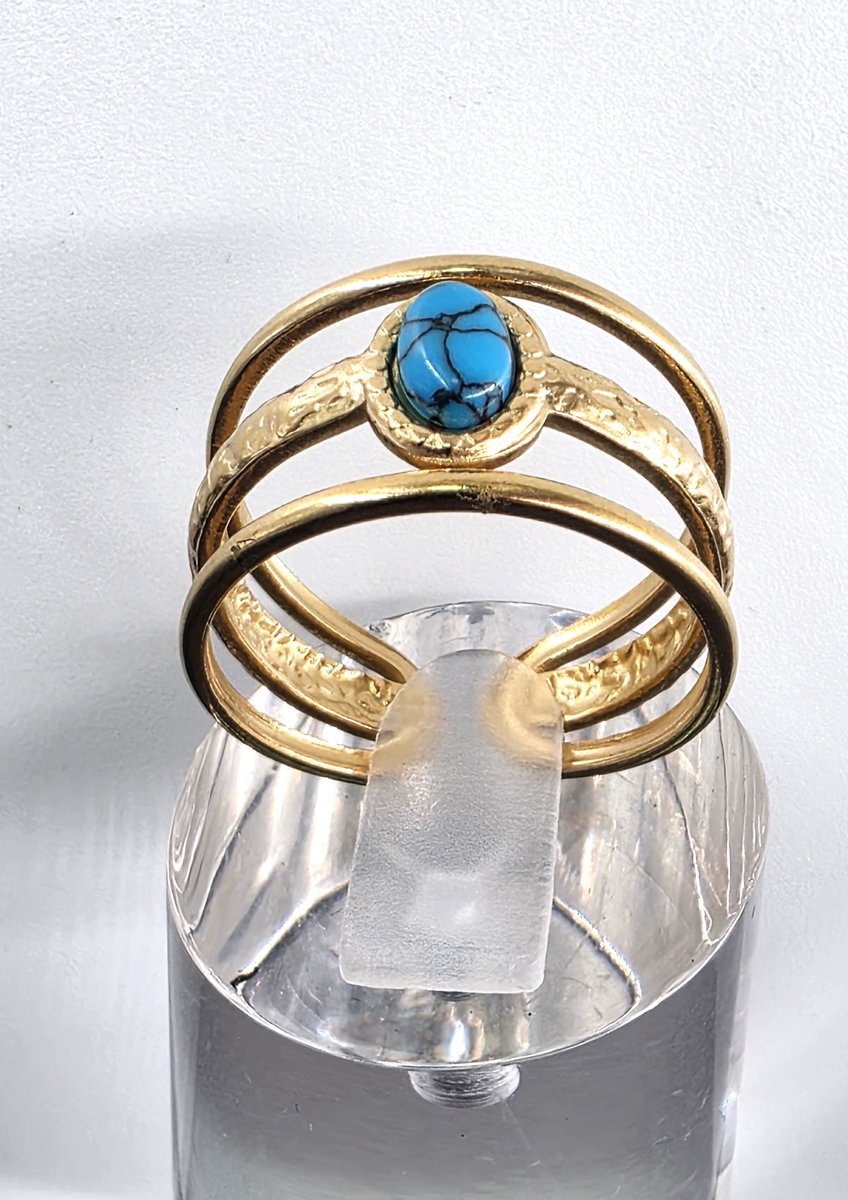 Ring - RVS - Turkoois - Edelsteen - blauw - goudkleurige - brede ring met drie verbonden banen die aan de achterkant samenkomen en verstelbare statementring met een textuurafwerking - Makkelijke voor mensen met moeilijke en artrose vingers
