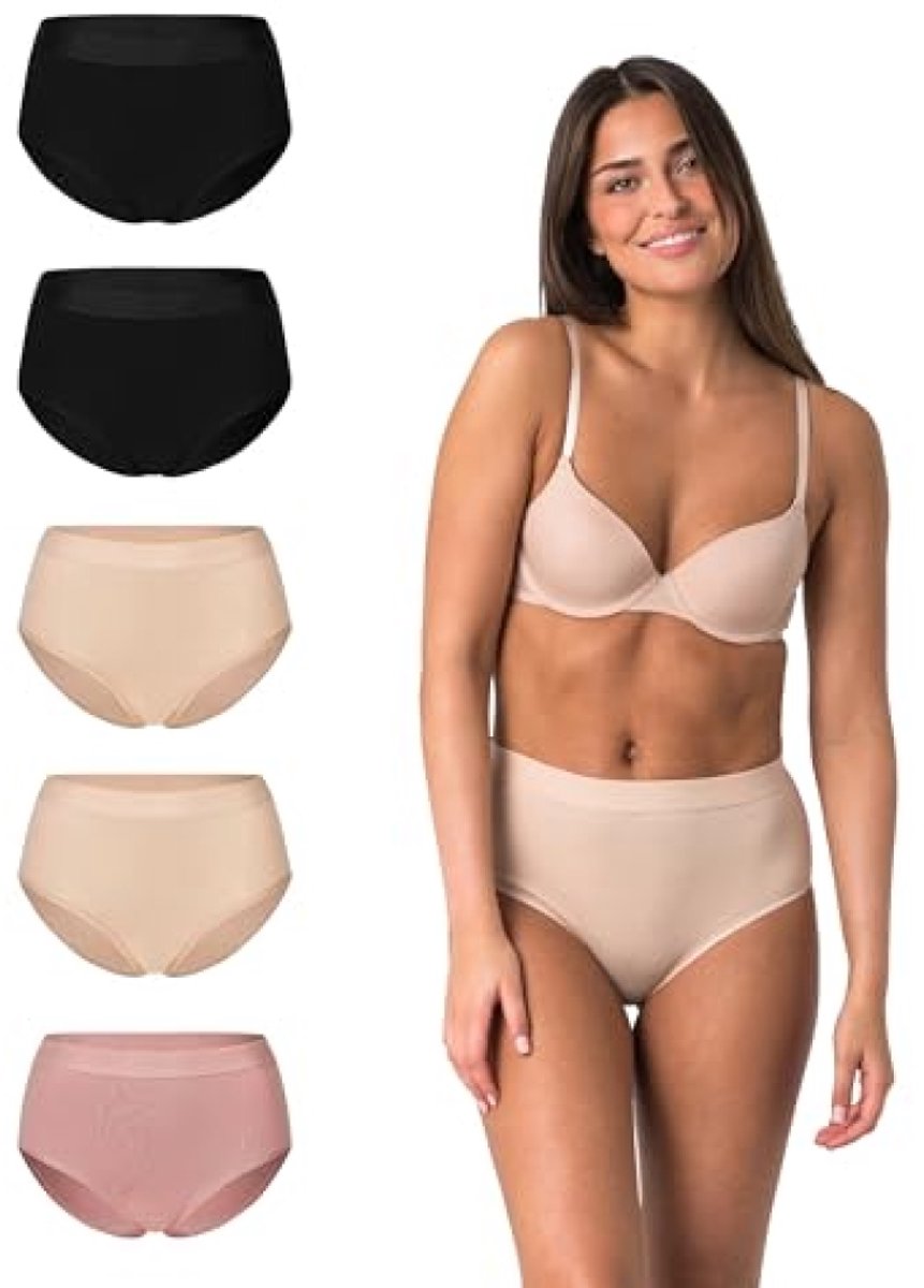 ModernStore Dames high-waist-panty 5-pack - Katoenen onderbroeken met stretch - Ademend ondergoed - 2x zwart, 2x beige, 1x roze - Maat L