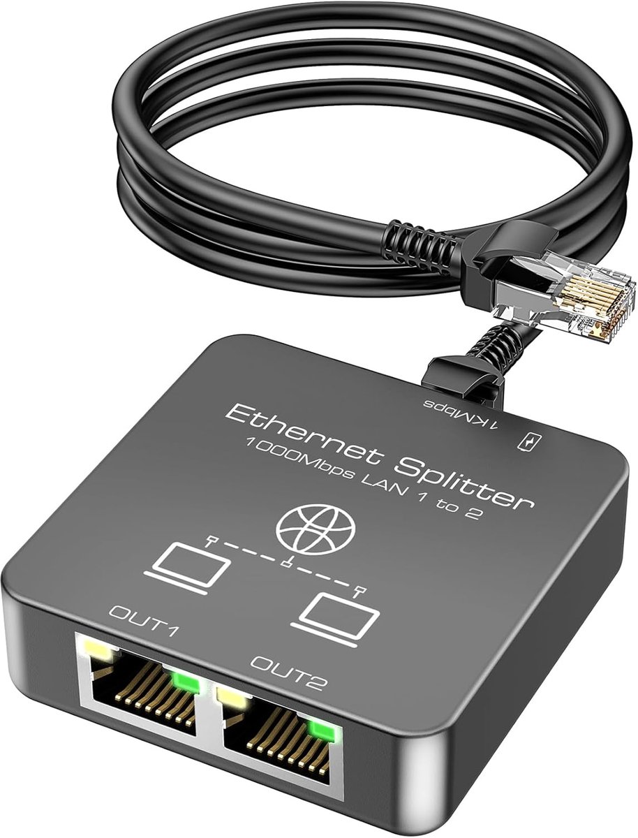 Ethernet splitter - Lan verdeler - Netwerk uitbreiden - 1 naar 2 poorten - 1000Mbps Gigabit - Zwart