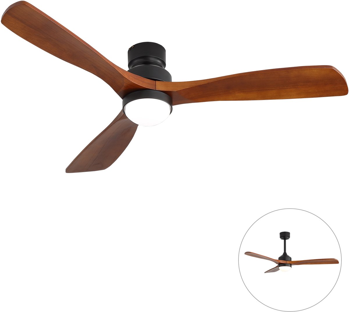 Plafondventilator van 132 cm met verlichting - 25W LED-verlichting met kleurtemperatuurregeling - Dimbaar - 6 snelheidsstanden - Inclusief afstandsbediening en timer - Geschikt voor woonkamers en slaapkamers - Zwart/houtkleur