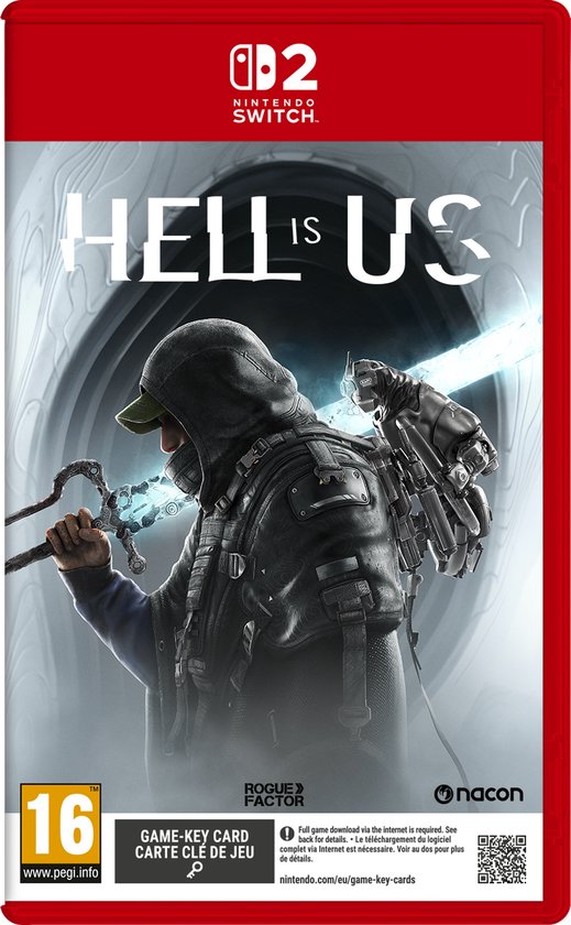 La jaquette de 'Hell is Us' pour Nintendo Switch, avec une silhouette en tenue sombre armée et un rayon bleu.