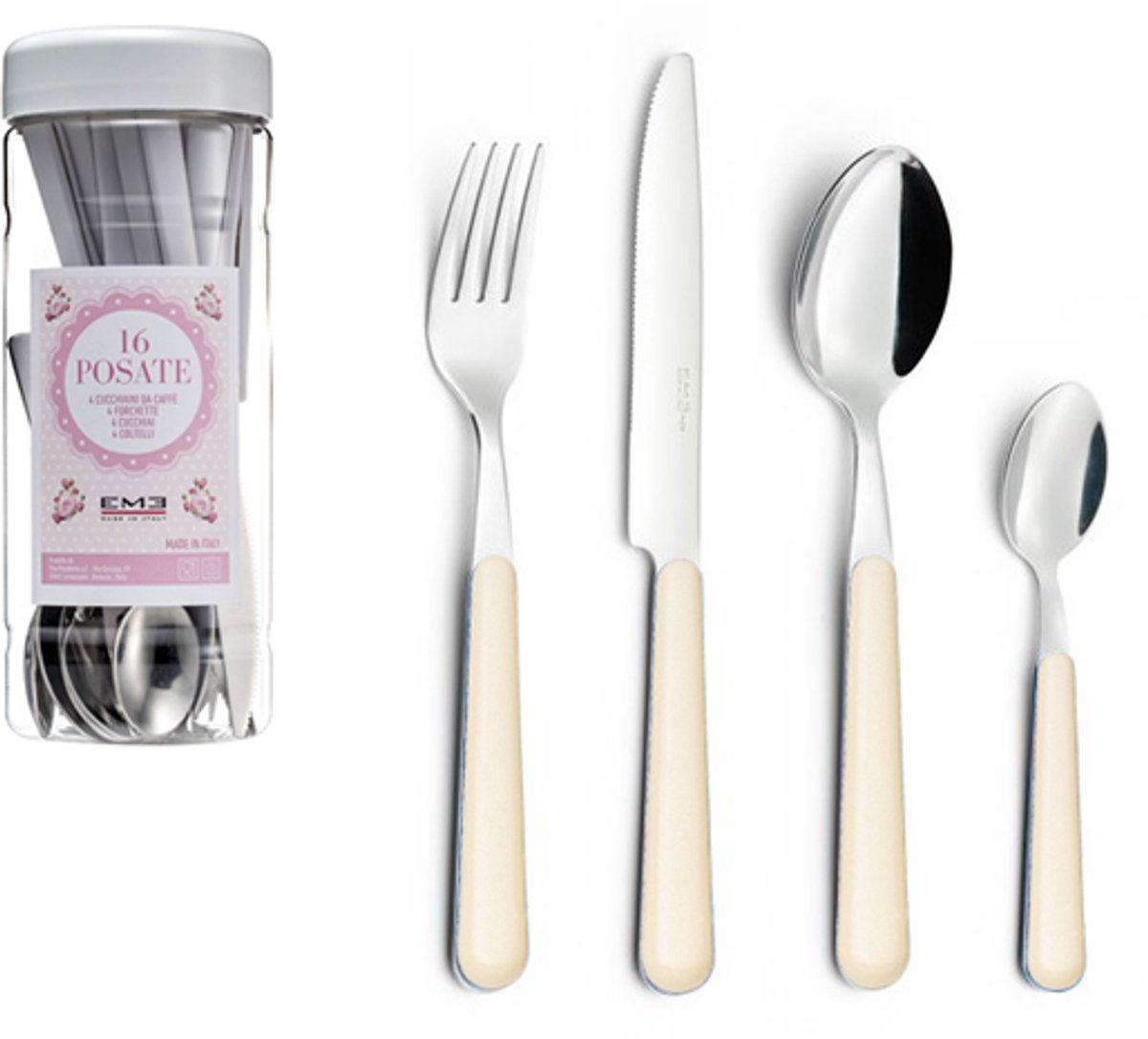 EME Brio Bestekset voor 4 personen, 16-delig, Roestvrij staal met gekleurd handvat, Ivory 18, Tube Box