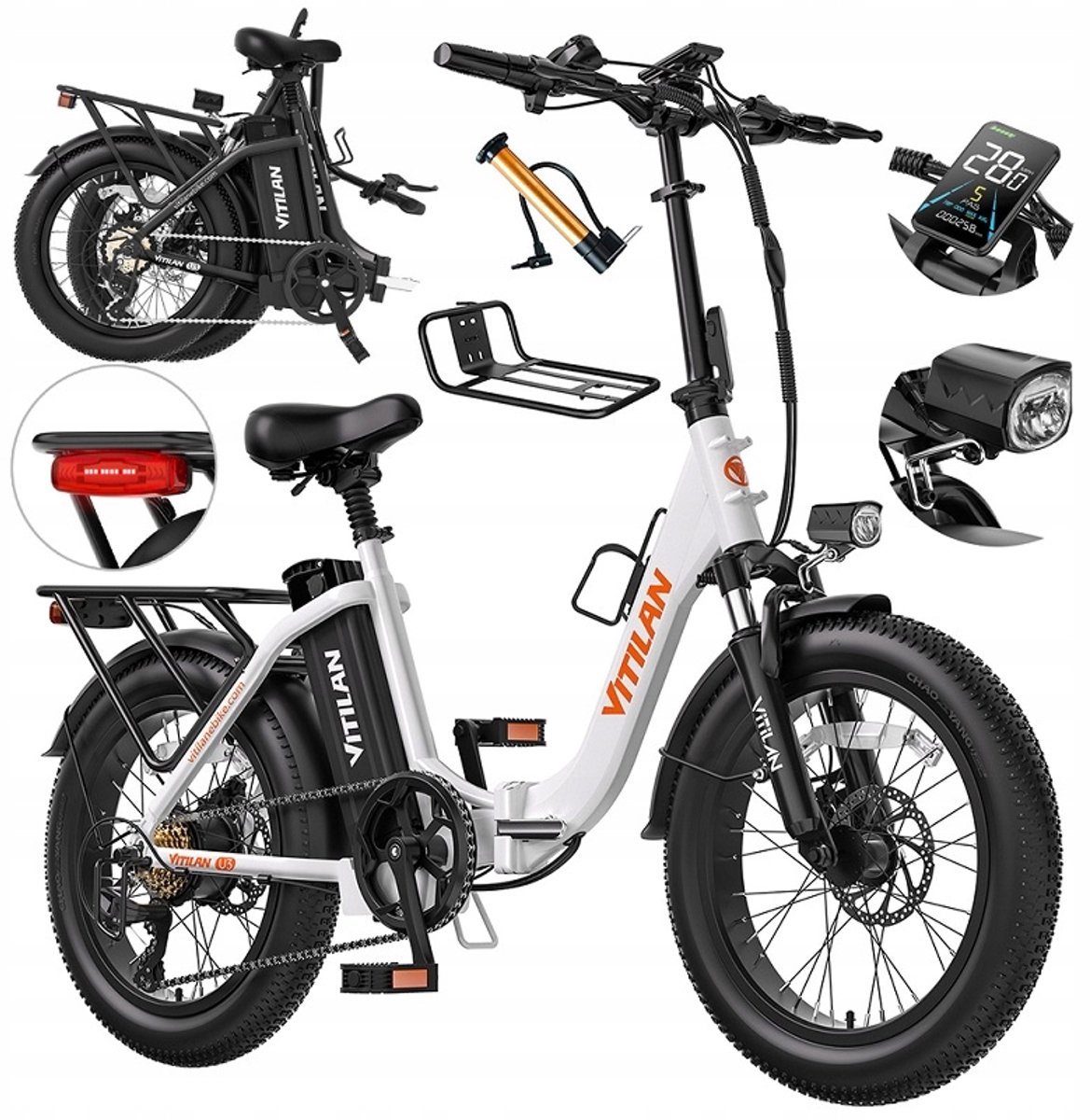 VITILAN U3 Witte Opvouwbare Elektrische Fiets – 48V 13Ah Accu, 120km Bereik, 20" Vetbanden, 7-Speed Shimano – Wit