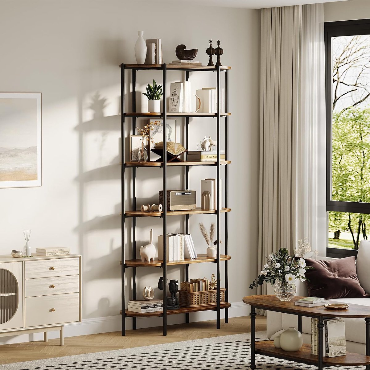 Hoge boekenkast -6 planken- industriële ovale boekenkast met metalen frame-displaykast voor thuis- kantoor- woonkamer- slaapkamer of badkamer-vintage