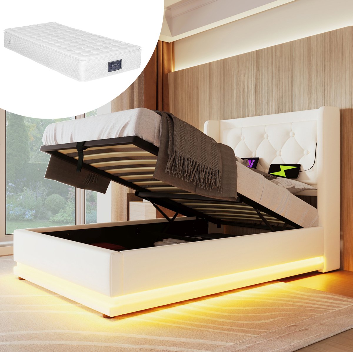 MEUNIQ eenpersoons opbergbed 90x200 cm wit met hydraulische opbergruimte, gestoffeerd hoofdbord met USB en Type-C, 3-zijdige LED-verlichting, bedframe slaapkamer