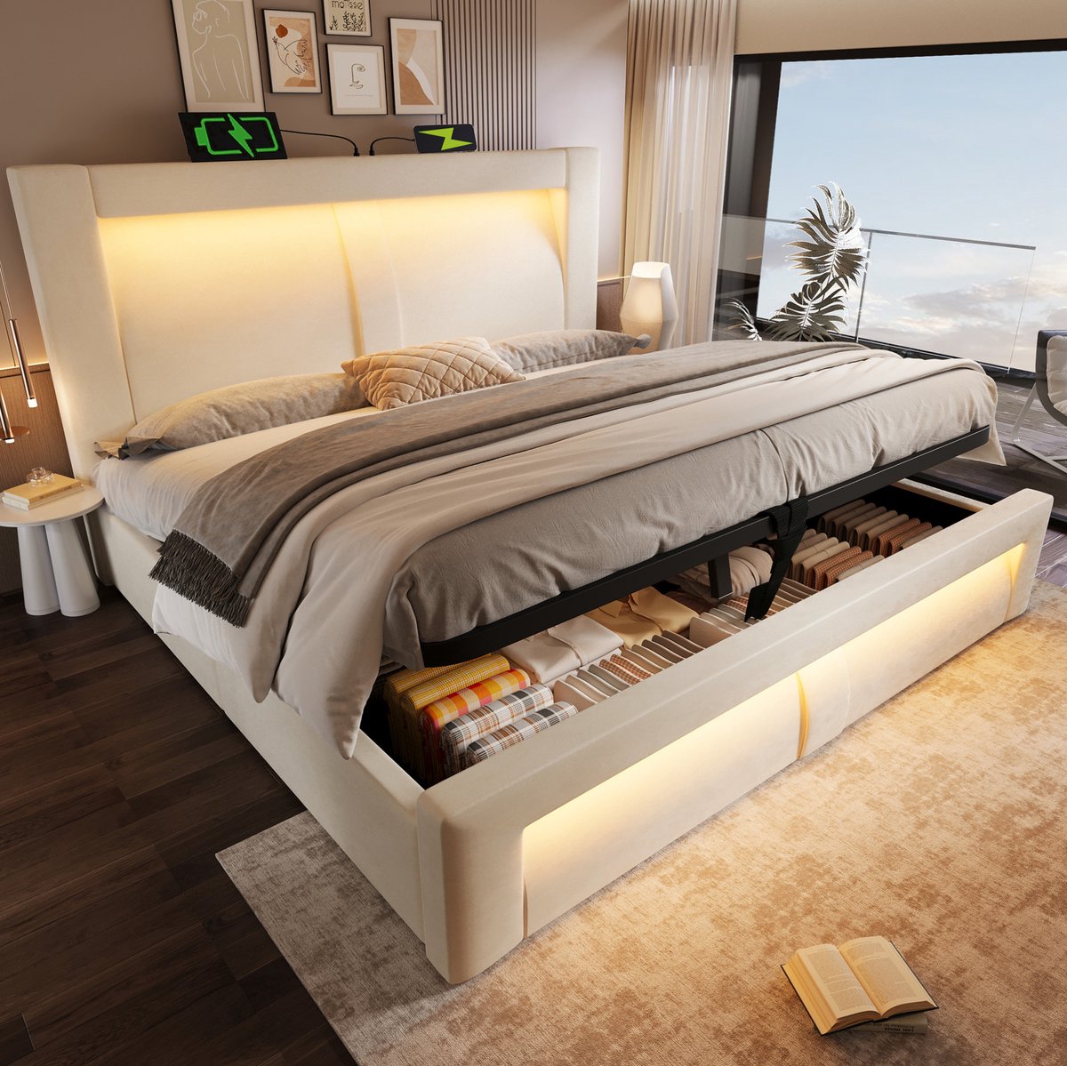 MEUNIQ tweepersoons bed 140x200 cm met opbergruimte, hydraulisch bedframe met LED-verlichting, USB en Type-C, gebogen hoofdbord, slaapkamer, beige