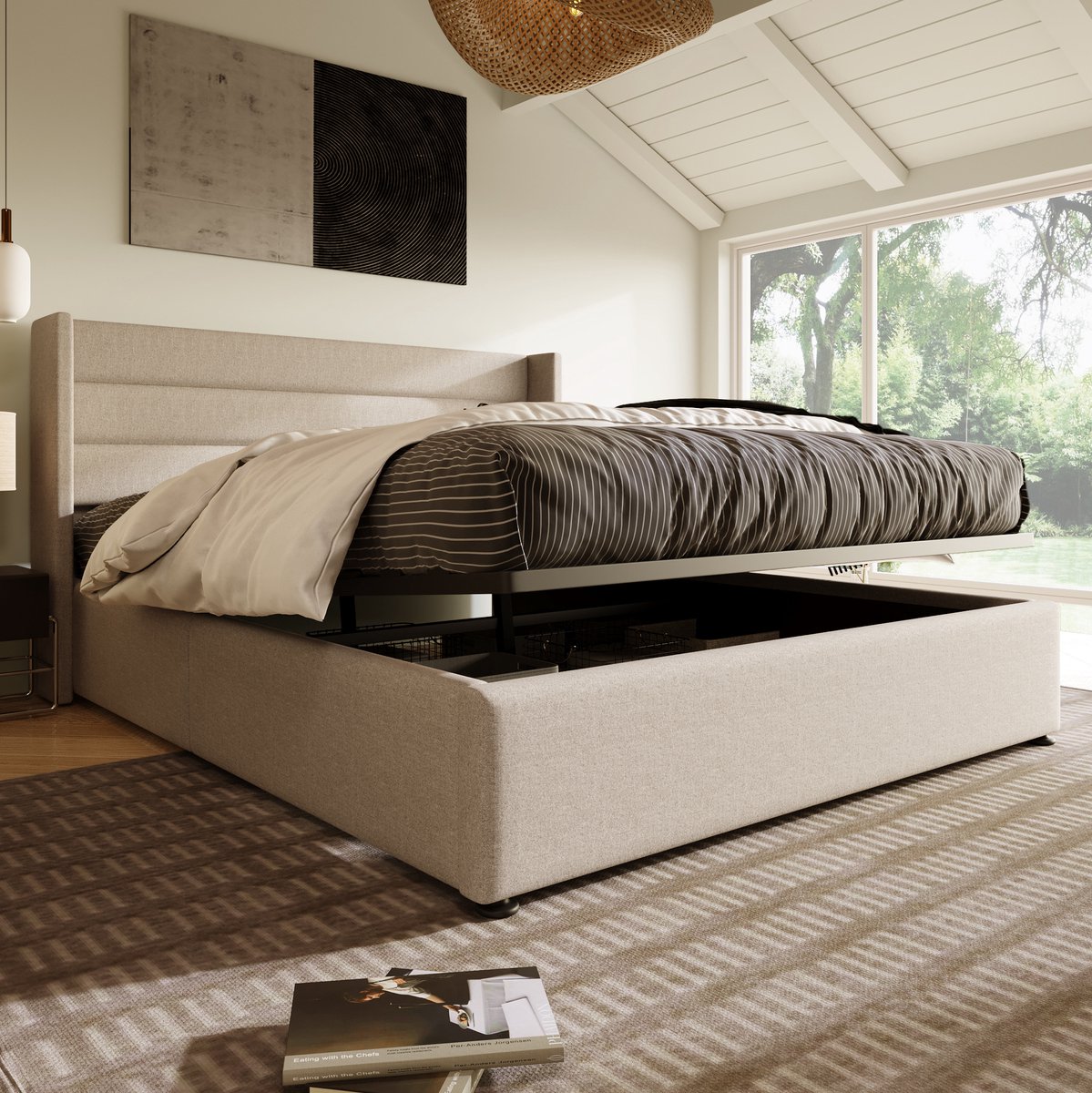 MEUNIQ opbergbed 140 x 200 cm met hydraulische lattenbodem, gestoffeerd hoofdbord en bedkast, tweepersoons bedframe voor slaapkamer, beige