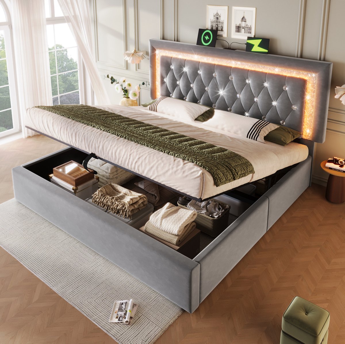MEUNIQ tweepersoons bed 140x200 cm met LED hoofdbord, USB en Type-C laadstation, hydraulische opbergruimte en lattenbodem, grijs stoffen bed voor slaapkamer