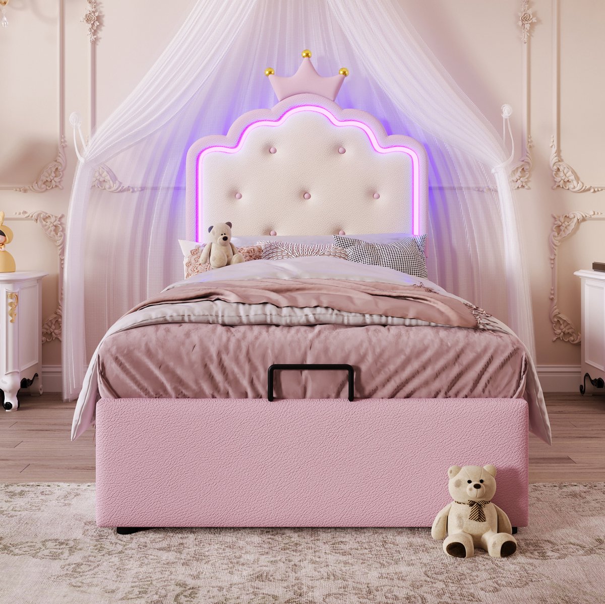 MEUNIQ Gestoffeerd kinderbed 90 x 200 cm met lattenbodem, hydraulische opbergruimte en LED sfeerverlichting, prinsessenvorm voor kinderkamer, roze