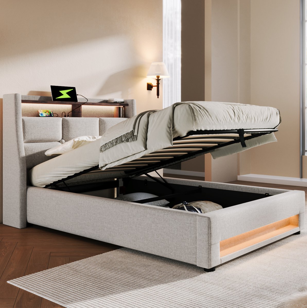 MEUNIQ gestoffeerd eenpersoonsbed 90x200 cm met USB, LED-verlichting, lattenbodem en opbergruimte, bedframe voor slaapkamer of jeugdruimte, beige Lichtbeige