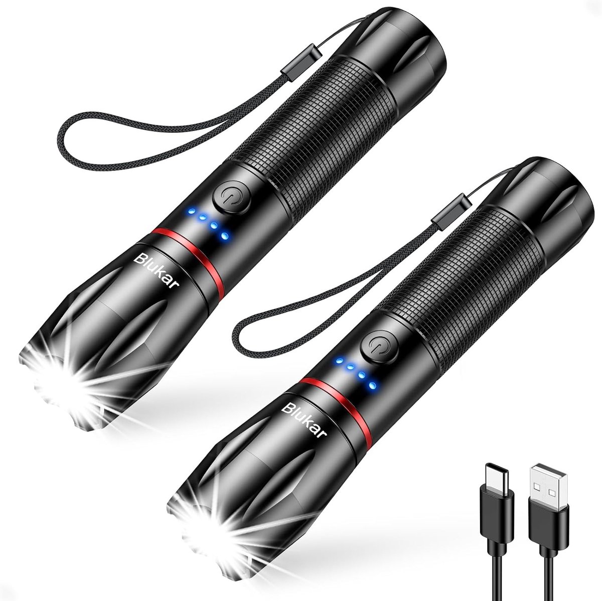 Oplaadbare Led Zaklamp - Krachtige Zaklantaarn - Buiten Activiteiten - 5 Verlichtingsmodi - 2 Stuks - Zwart