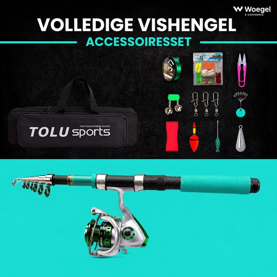 woegel hengelset - complete visset - vishengel + accessoires - hengel van 1.8 meter inschuifbaar - voor beginners en gevorderden - groen van Merkloos — afbeelding 5