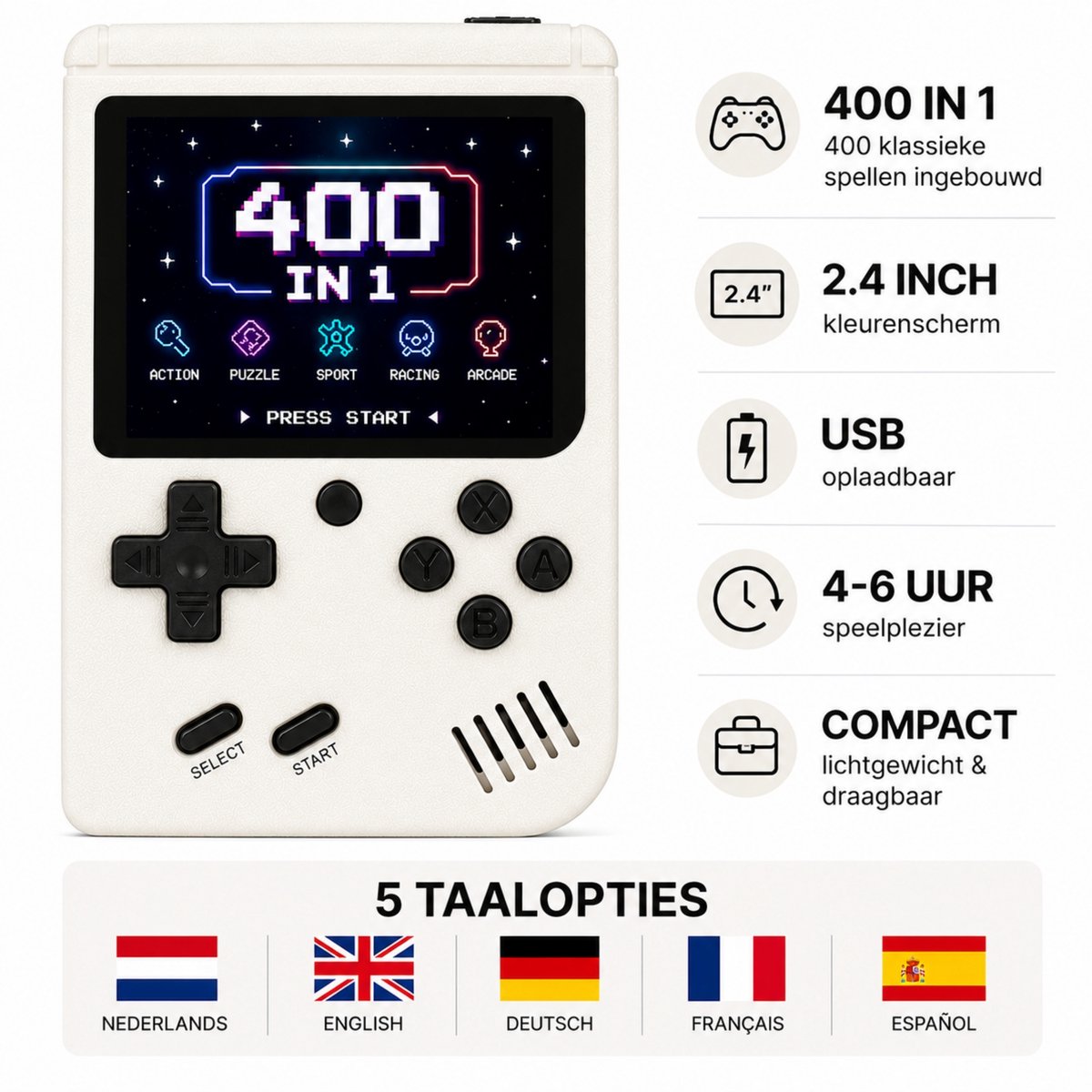 FivesquareNL Retro Handheld Game Console – 400 Spellen – USB Oplaadbaar – 2.4 Inch Kleurenscherm – Draagbare Spelcomputer voor Kinderen & Volwassenen - Wit