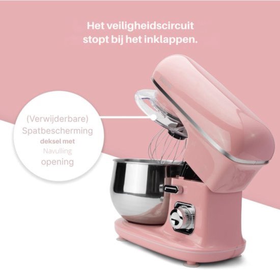 Thuys - Keukenmachine Roze - 1100W - 5 Liter RVS Kom - Spatbescherming - voor Kneden - Mixen en Bakken Thuis van Thuys — afbeelding 5